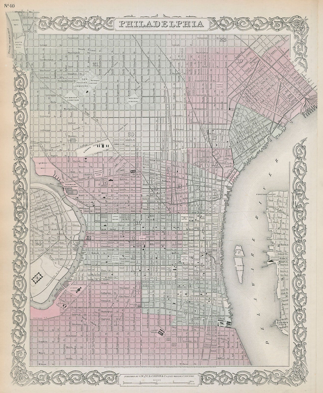 Philadelphia decorative antique town city plan. COLTON 1869 old map